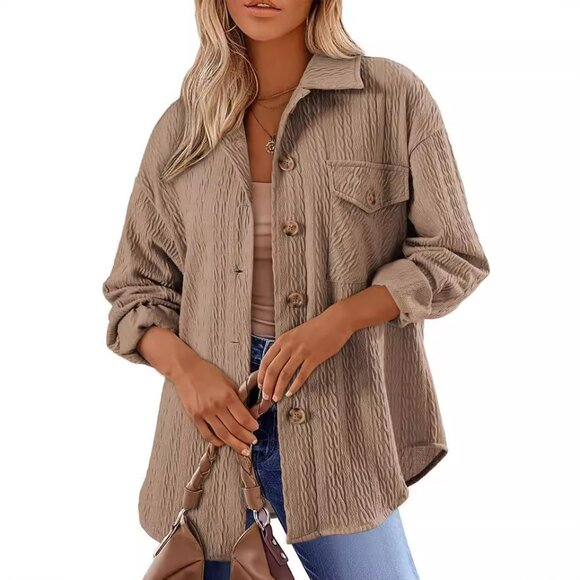 2/$40 Brown Neutral Textured Button Down Shirt Long Sleeve Shacket Oversized - Picture 1 of 5